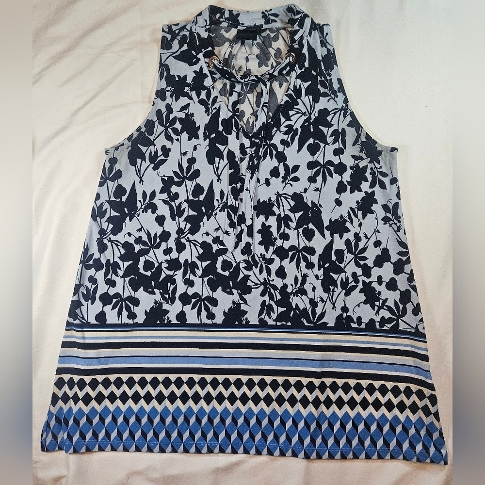 Rafaella Womens Blue Floral Sleeveless Blouse With Neck Tie Size Large